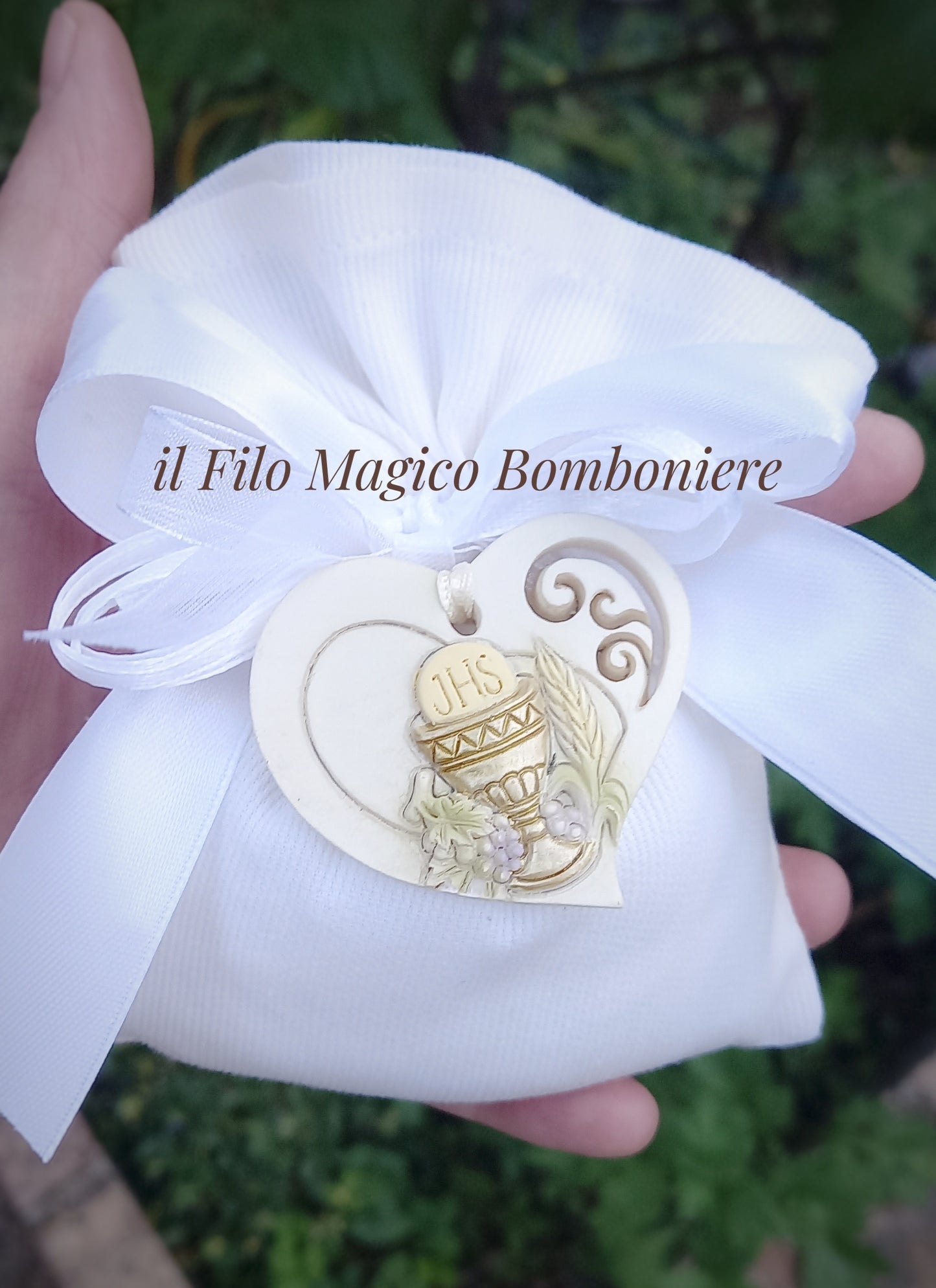 Sacchetto comunione con icona religiosa e fiocco bianco artigianale