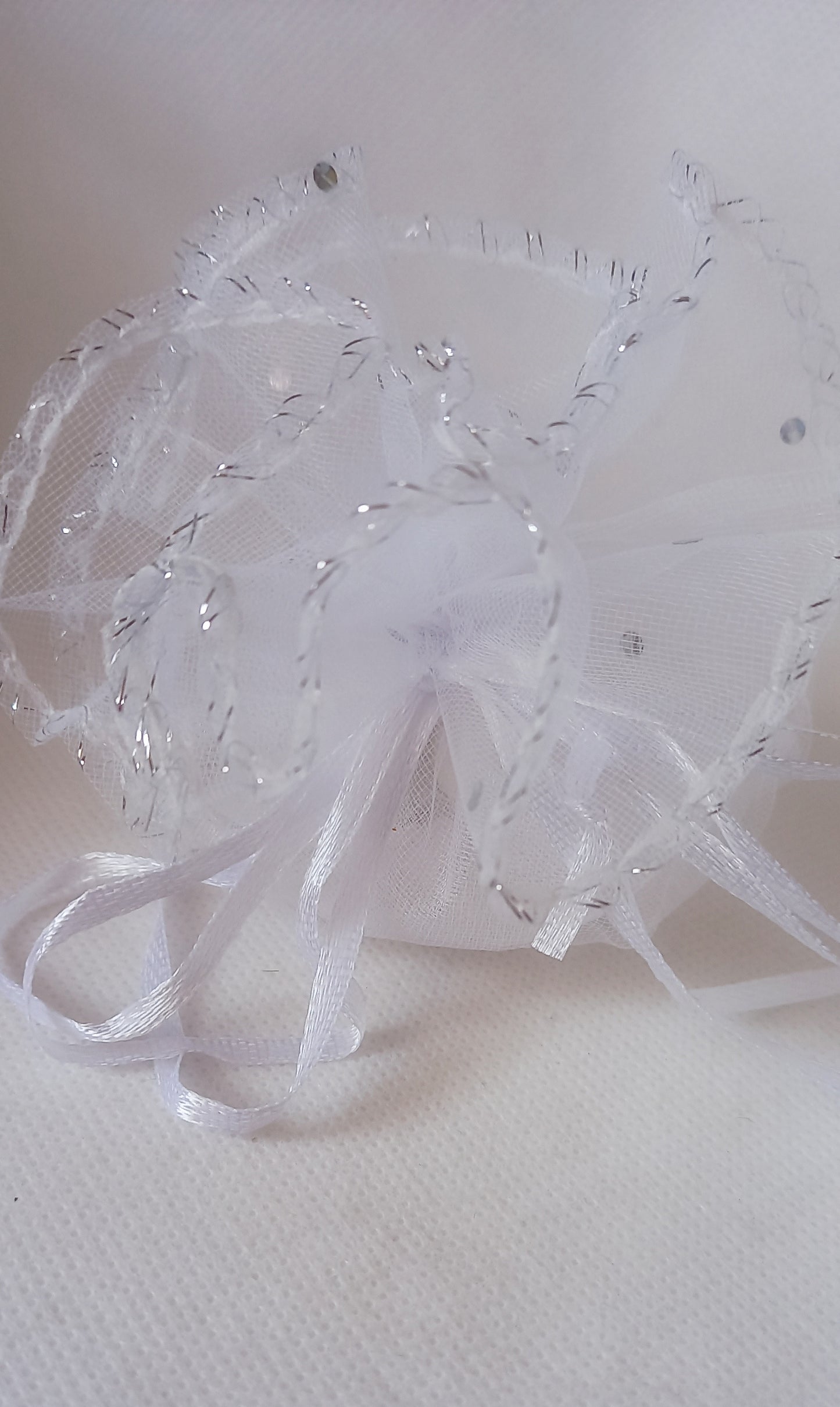 Elegante sacchettino bianco , decorato con bordi argentati ,adatto a essere usato come porta confetti in cerimonie speciali.