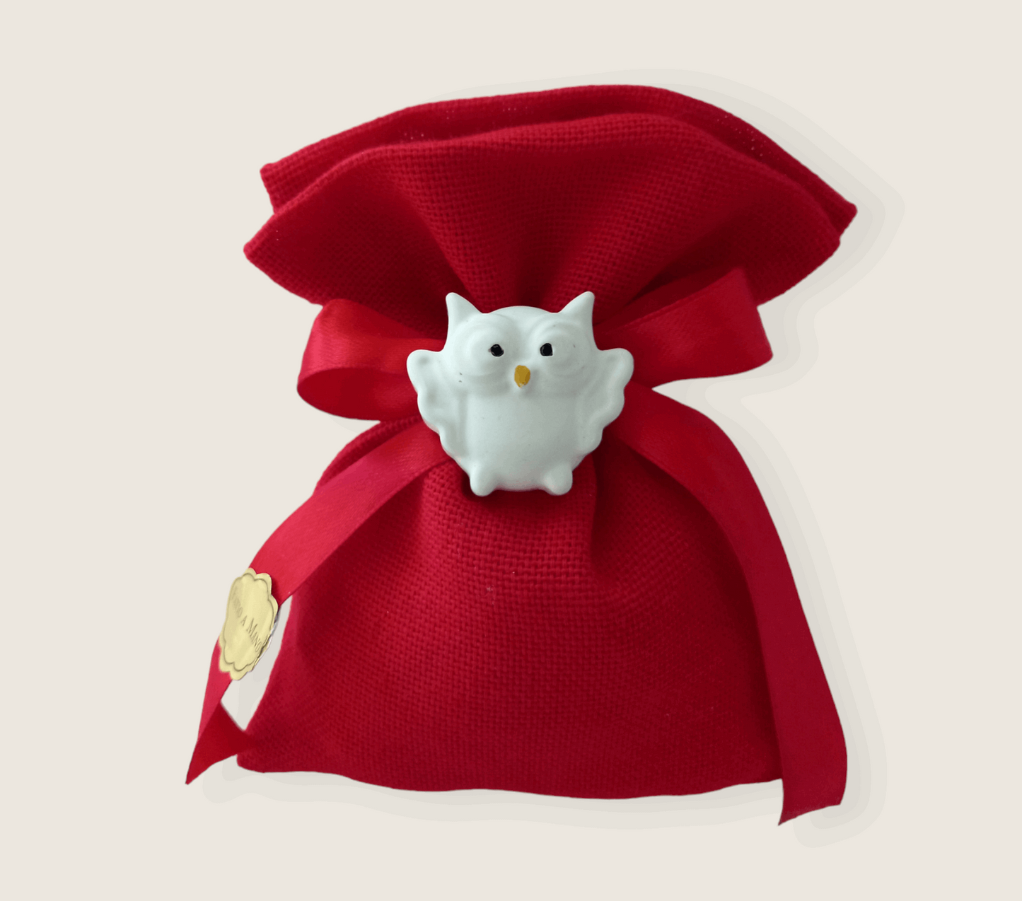 bomboniere laurea sacchettini in juta rossi nastri raso bianco e rosso e gufetti profumati