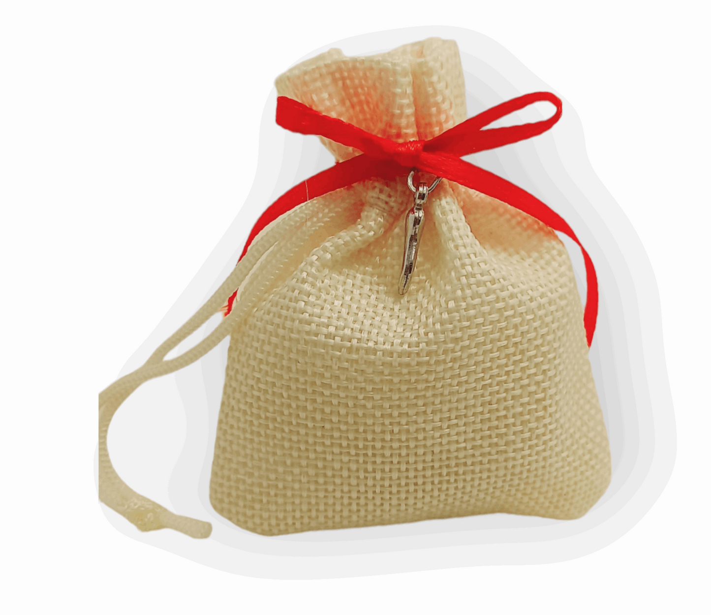 bomboniera composta da sacchettino in juta ecru con ciondolo cornetto in argento 925