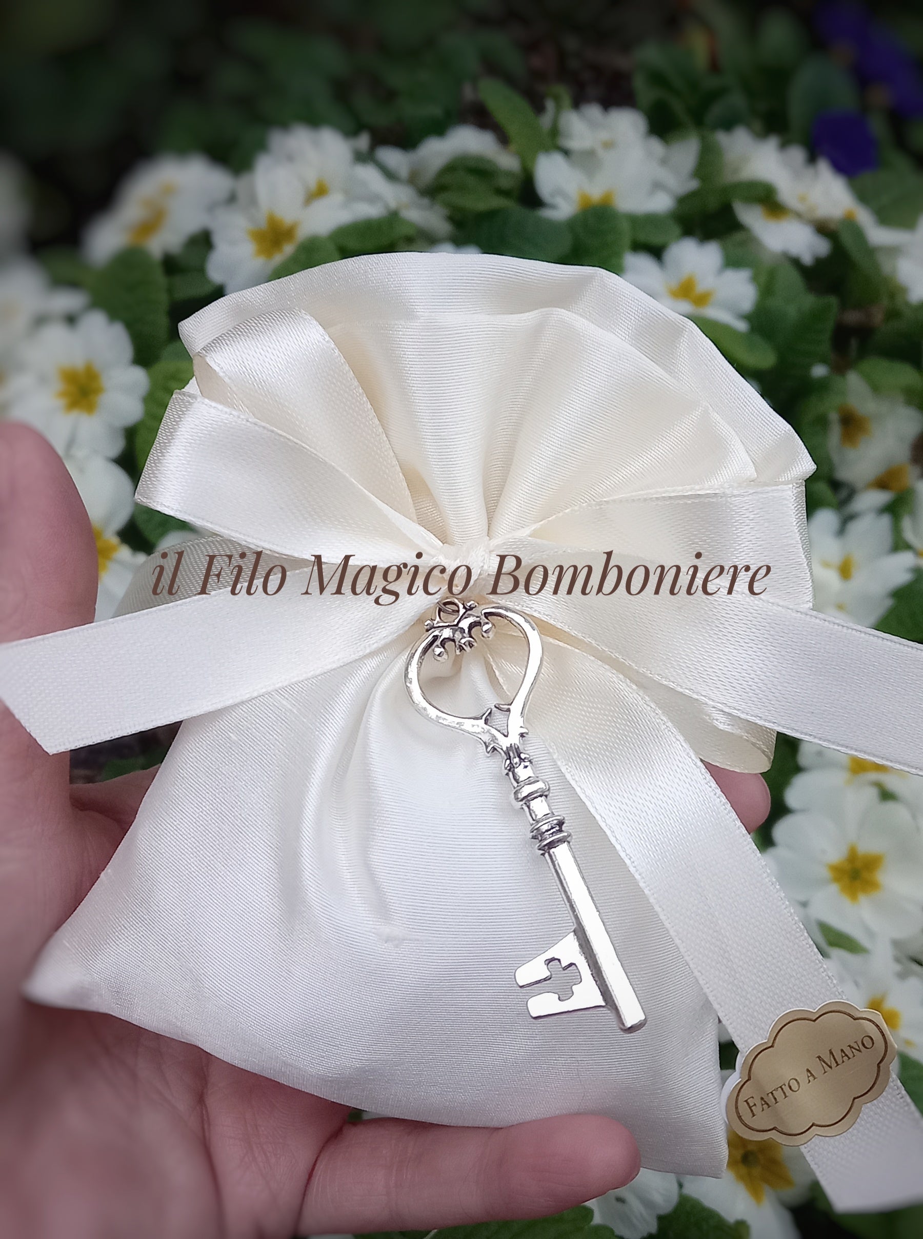 Sacchettino in sciantung di seta color avorio e  chiave in silver plated, elegante bomboniera per matrimonio.