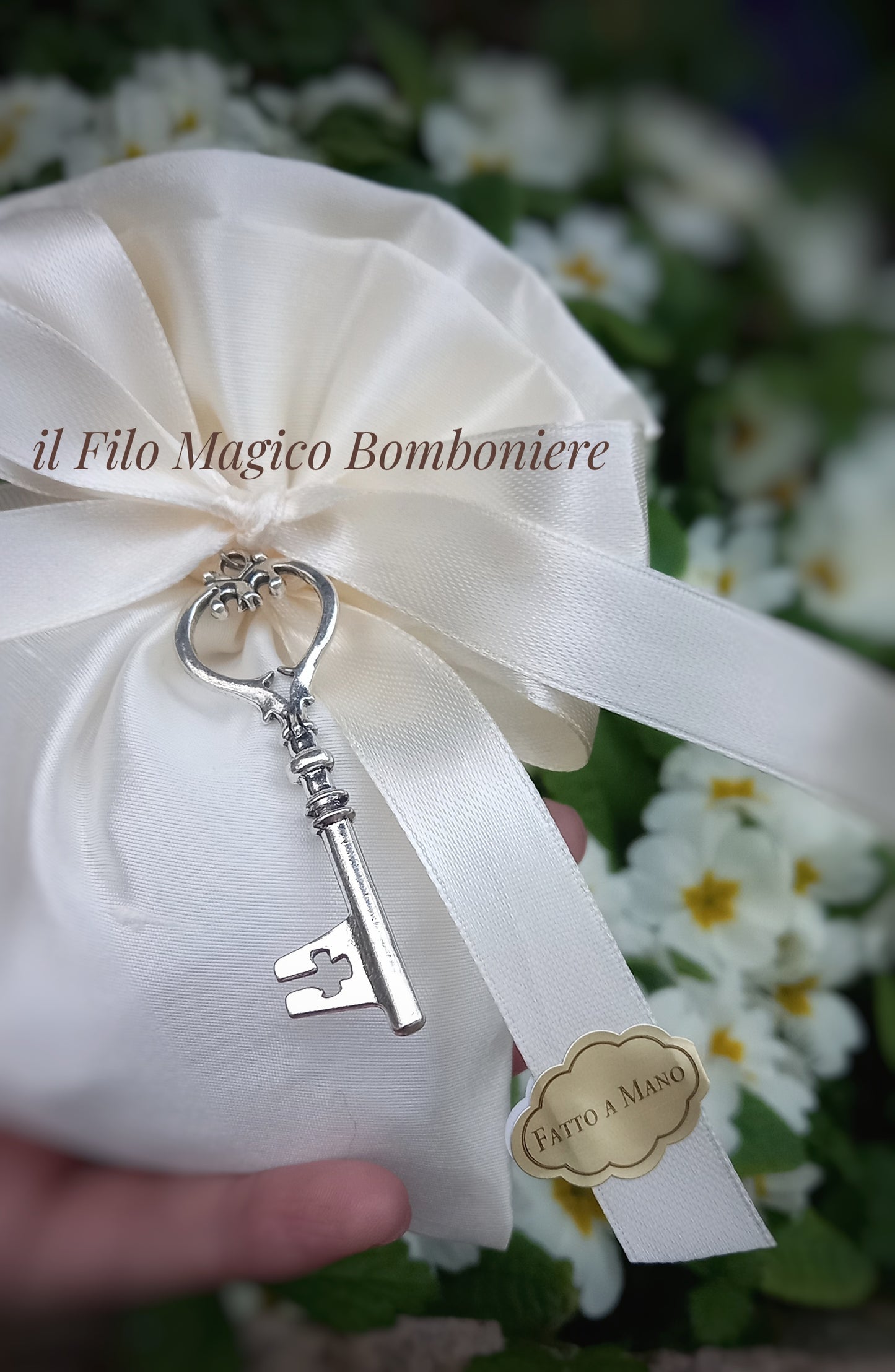 Dettaglio di sacchettino avorio in seta shantung con chiave argentata, perfetto come regalo per gli ospiti di nozze.