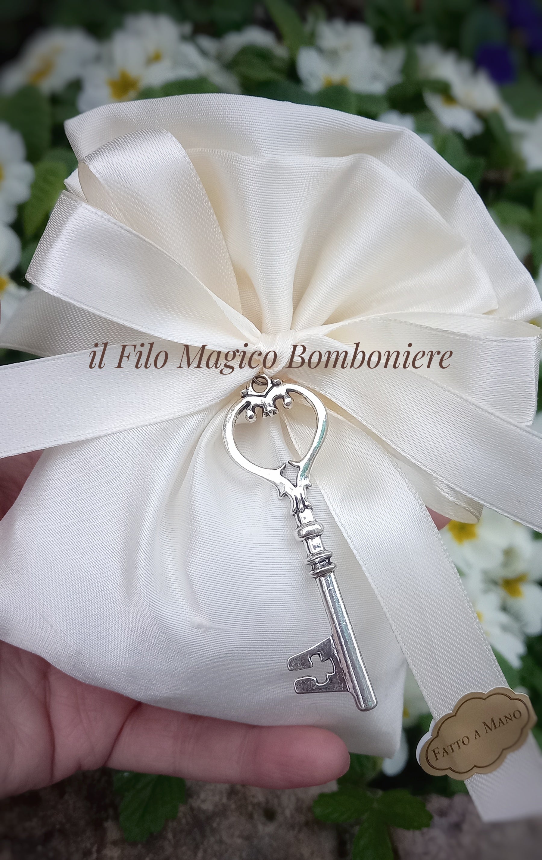 Elegante sacchetto da matrimonio in tessuto di seta avorio, accompagnato da una chiave decorativa in silver plated.