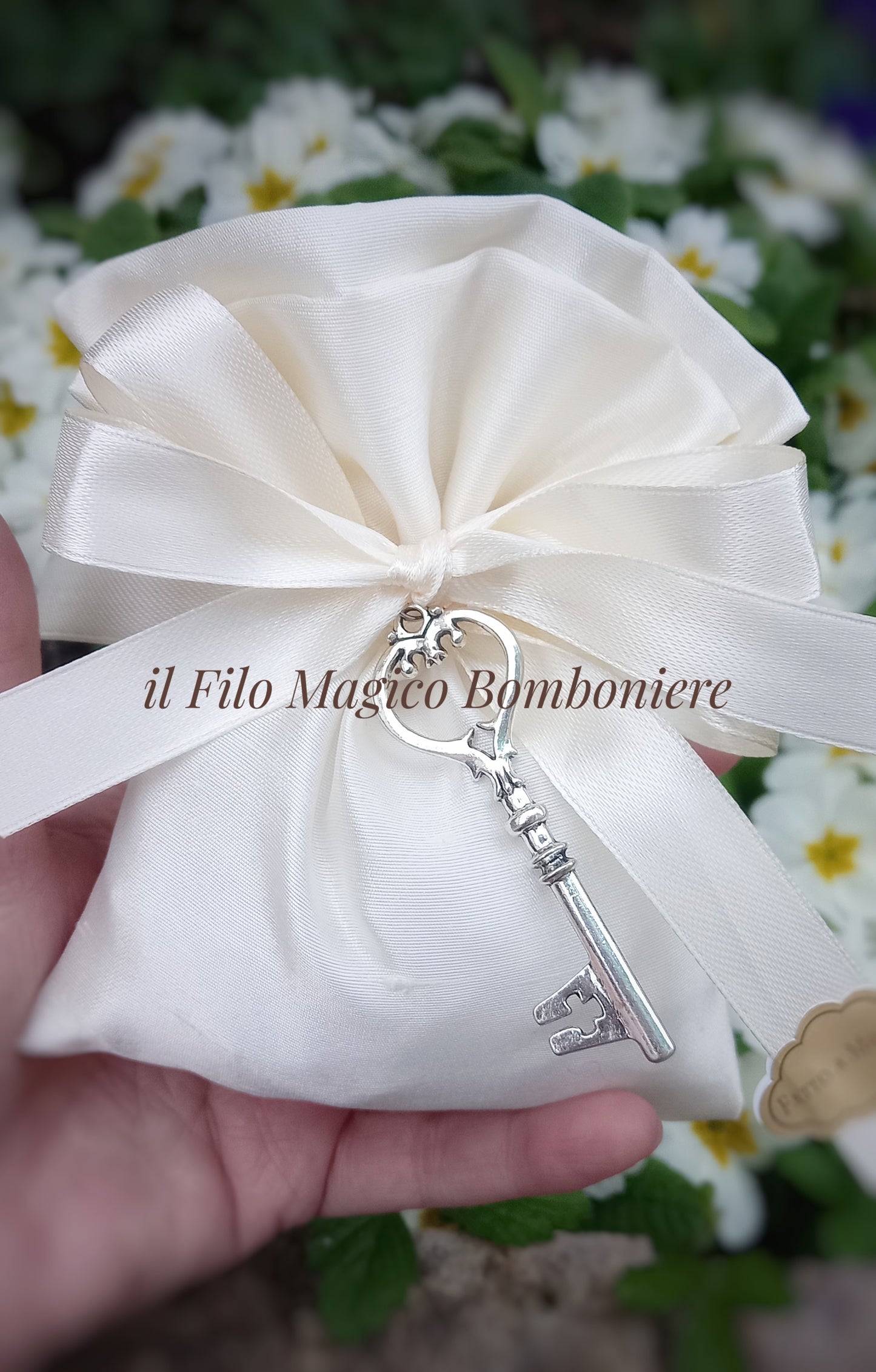 Sacchetto in seta color avorio con chiave in metallo argentato, ideale come bomboniera raffinata per matrimonio.