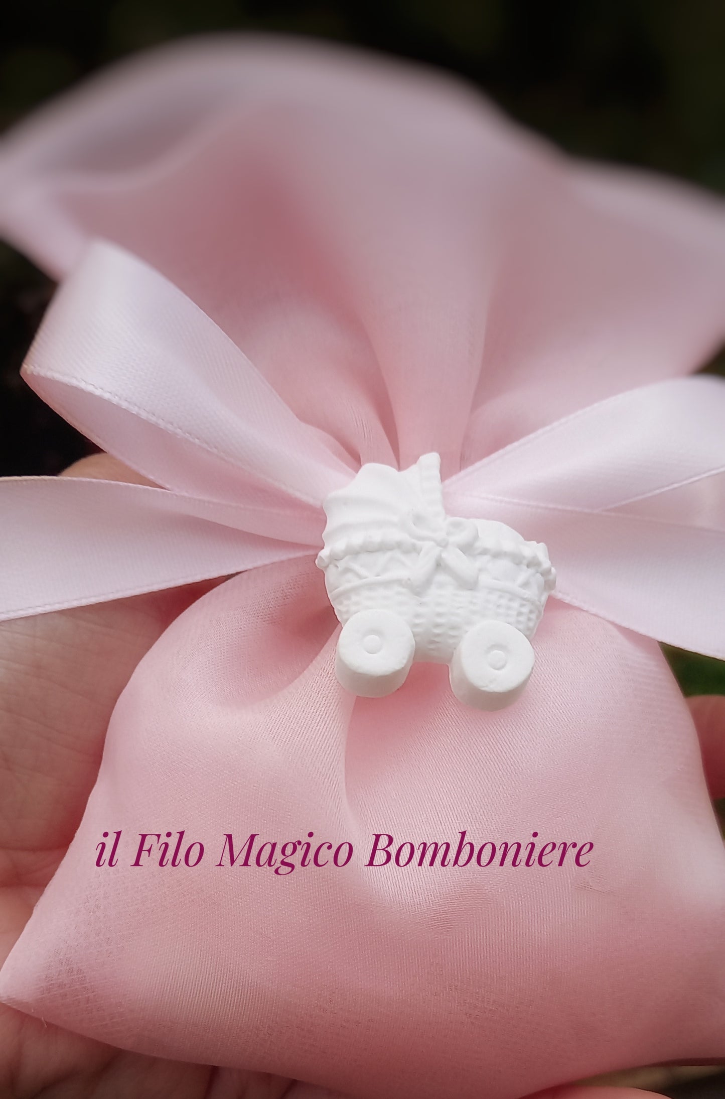 Sacchetto rosa organza con carrozzina