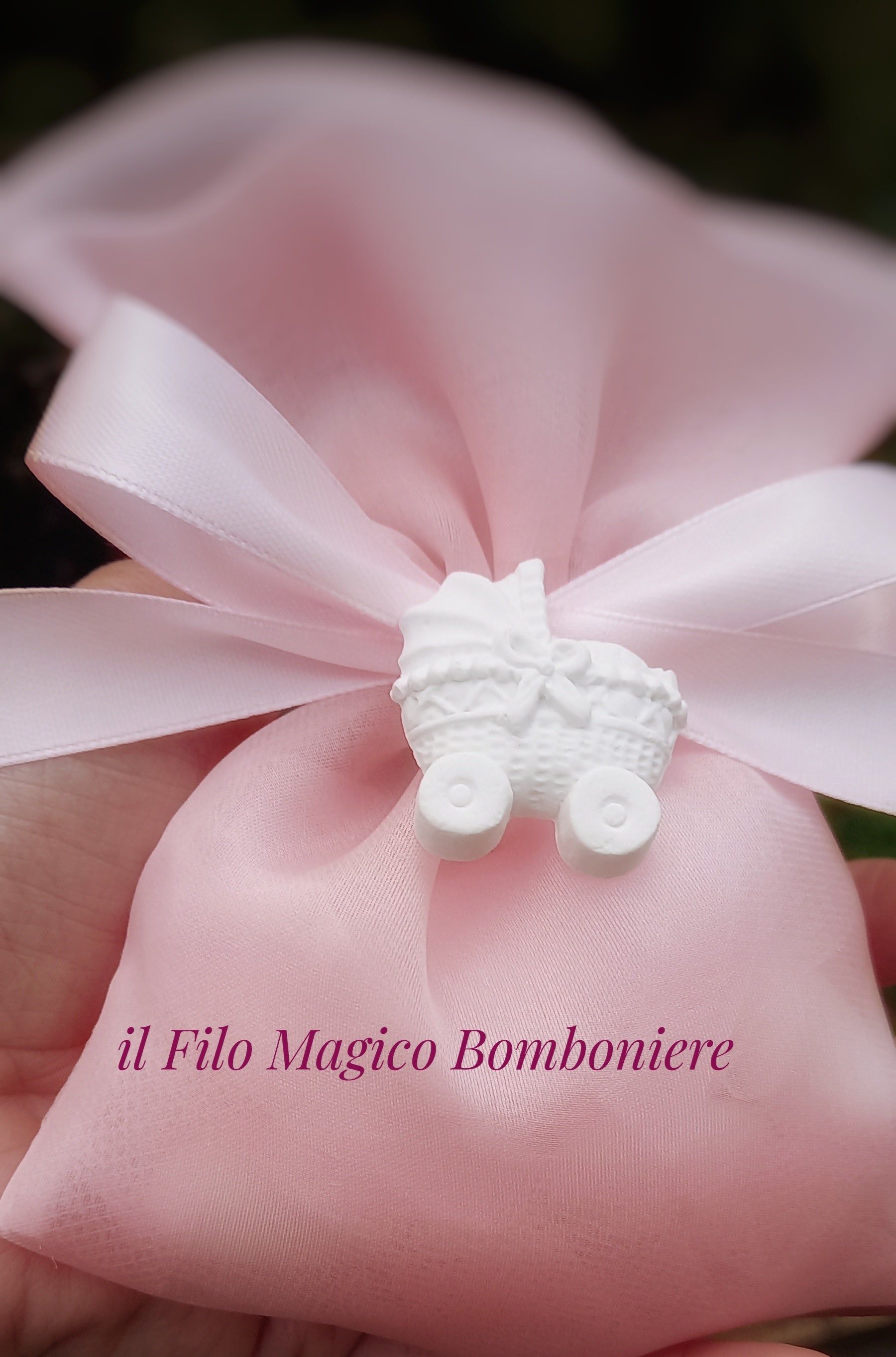 Sacchetto rosa organza con carrozzina
