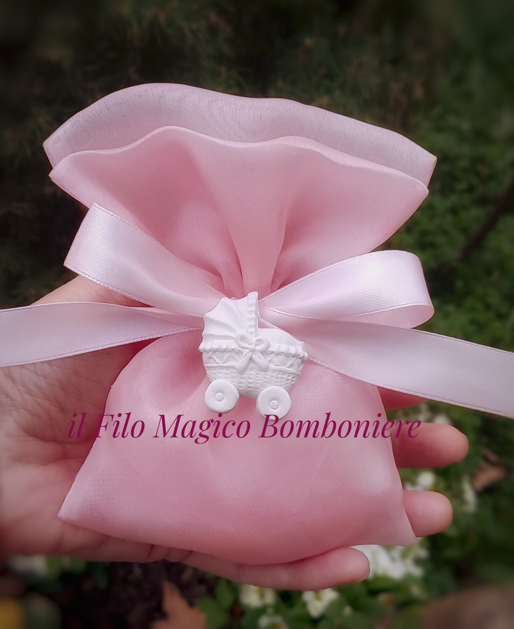 Bomboniera Battesimo rosa carrozzina