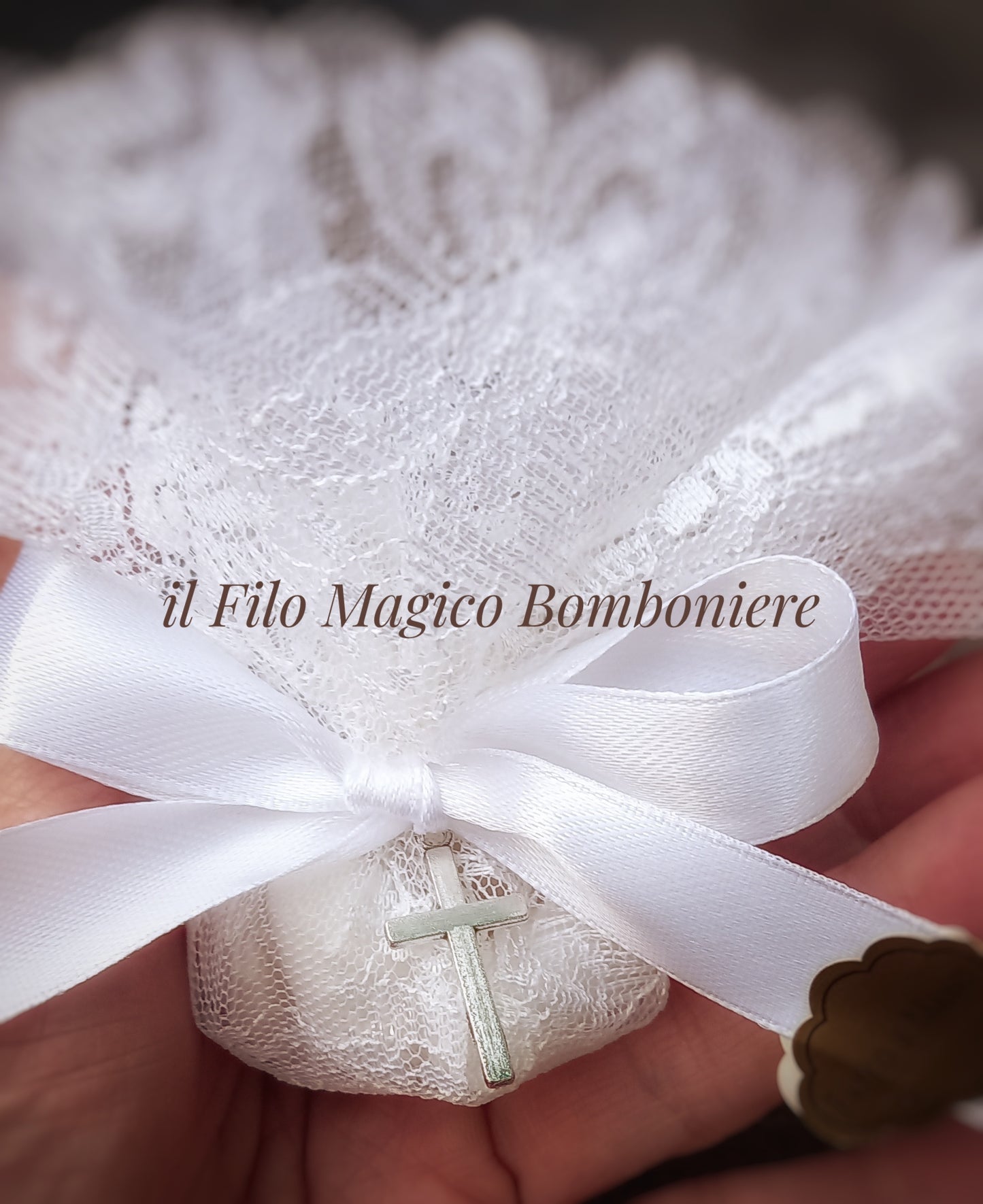 Bomboniera Comunione tulle pizzo con croce