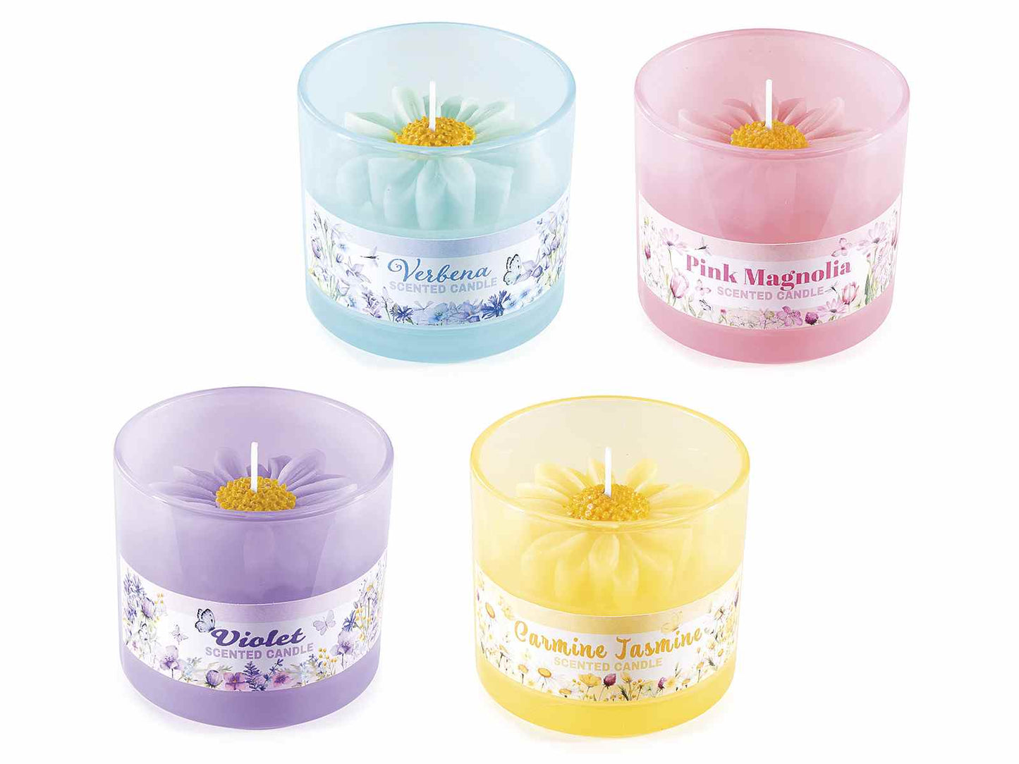 Quattro candele profumate in contenitori colorati con decorazione floreale, disponibili nelle fragranze Verbena, Magnolia Rosa, Violetta e Gelsomino.