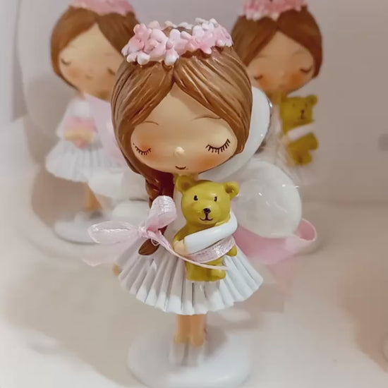 statuette ballerine con orsetto o cuore e 5 confetti al cioccolato ideali come bomboniere per prima comunione o cresima bimba